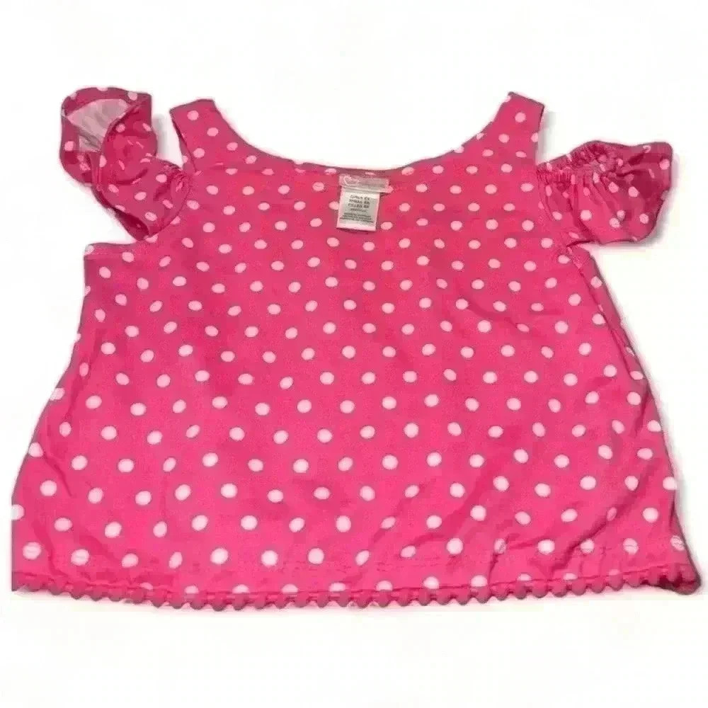 Youngland- bold pink polka dots crop top peek a boo shoulder - Girls 6X